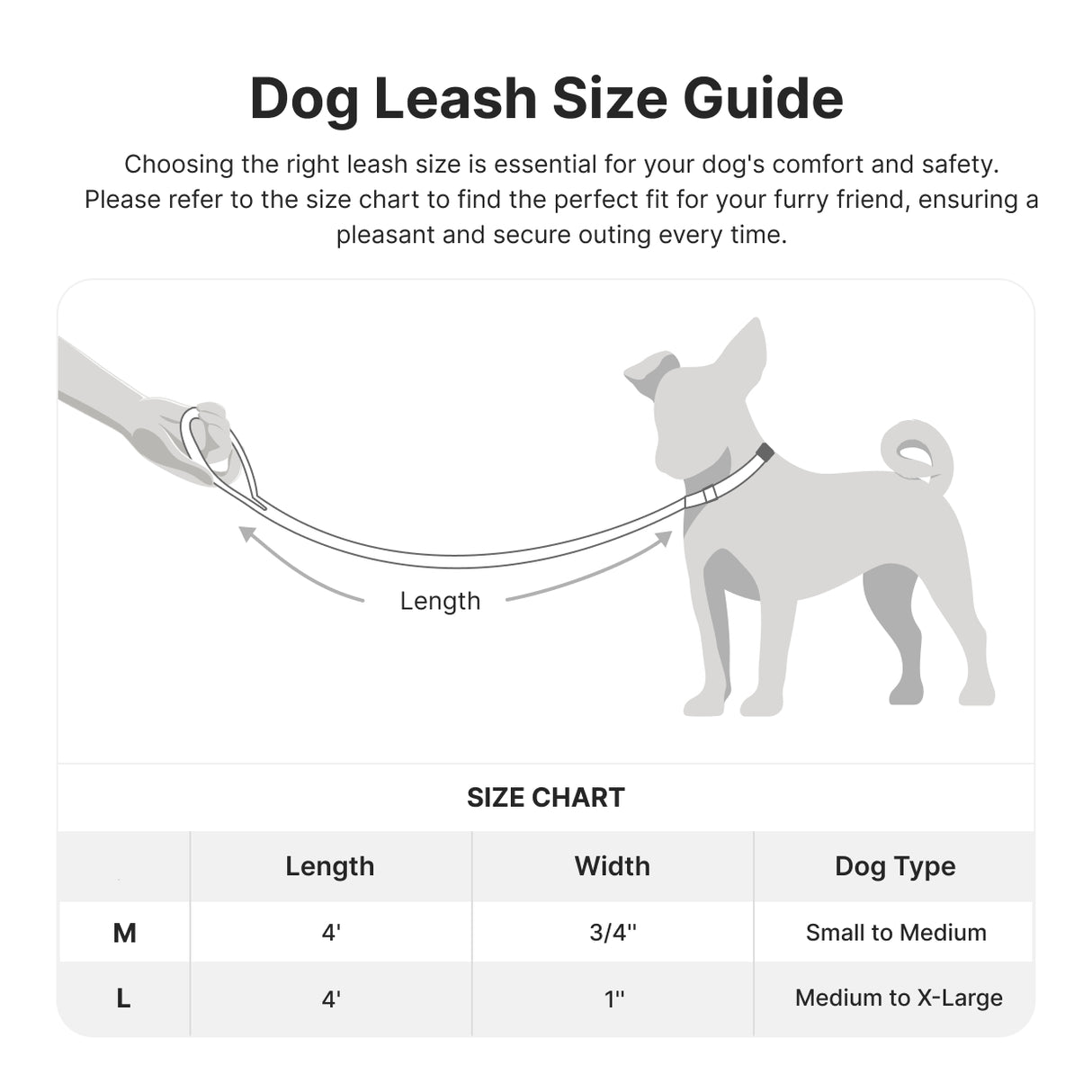 size chart of dog leash