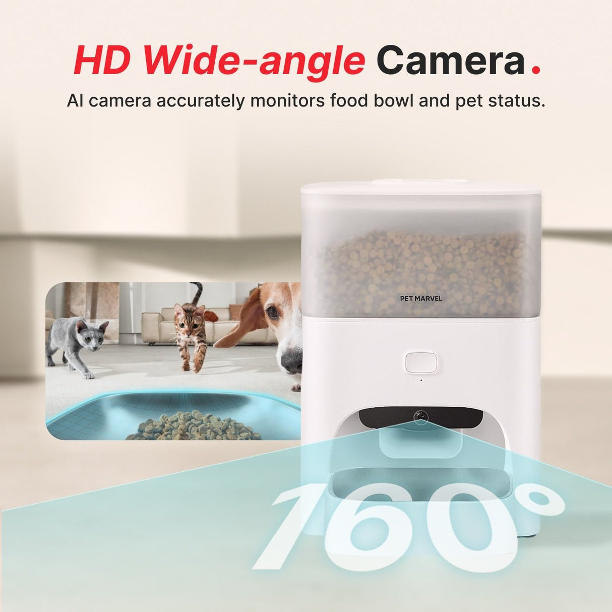 160 degree field of view camera on PET MARVEL M3 PRO cat feeder