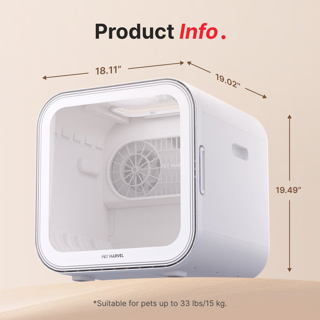 product size of pet hair dry is 18.11*19.02*19.49 inches