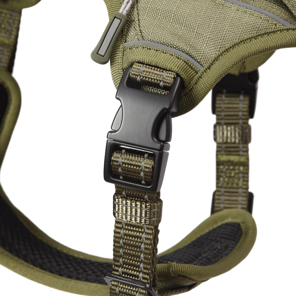 the dog harness comes with quick release metal buckels and adjustabloe straps