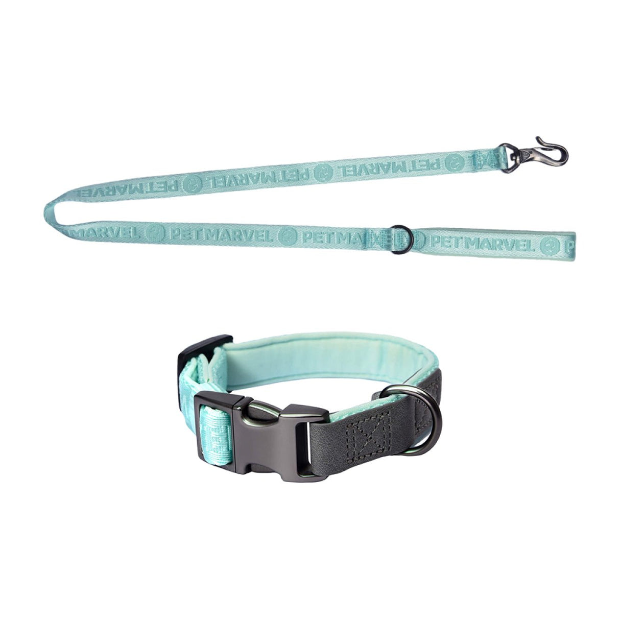 PET MARVEL embroidered dog collar and shock absorbing leash set mint green