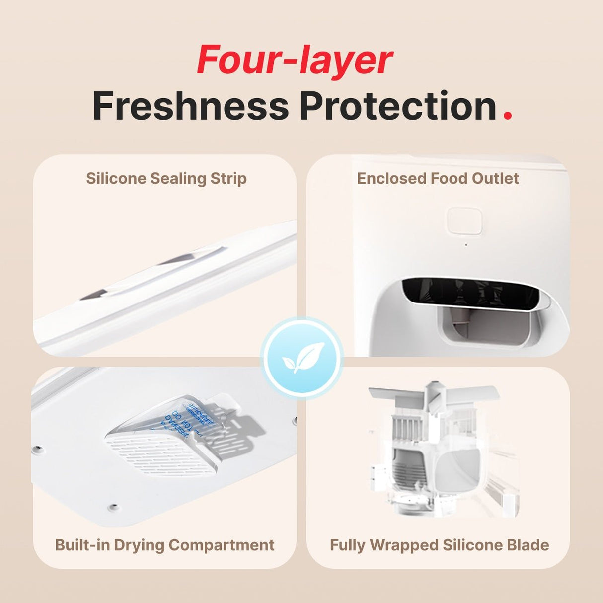 quadruple freshness: silicone strip, enclosed outlet, desiccant, and fully wrapped silicone blade