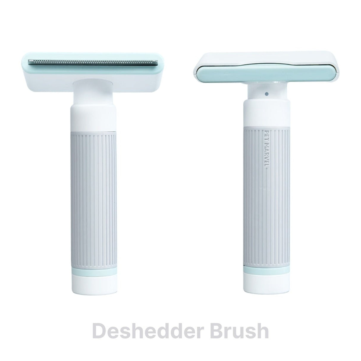 the strainght deshedding brush has mint green button, white body and grey handle