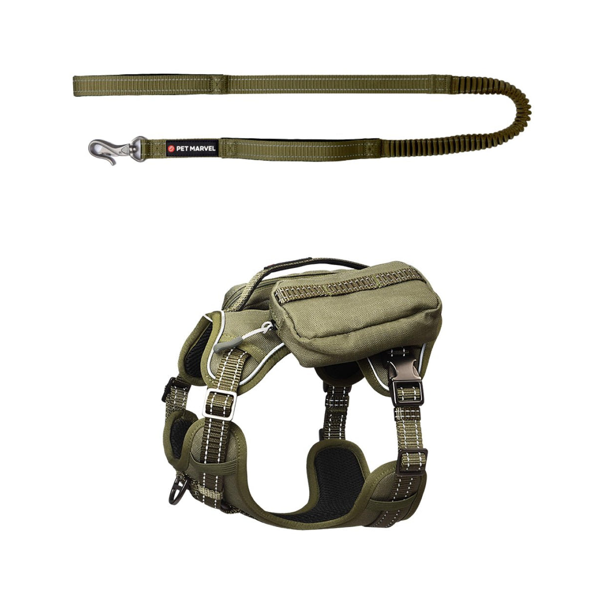 The set comes with a heavy duty tactical dog harness equipped pockets (green) and a shock absorbing dog leash
