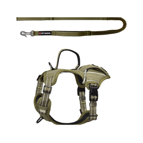 The set comes with a heavy duty tactical dog harness with poop bag holder, and a shock absorbing dog leash