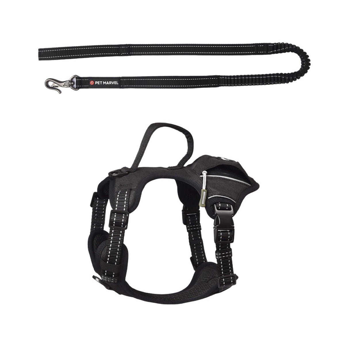 The set comes with a heavy duty tactical dog harness with poop bag holder, and a shock absorbing dog leash