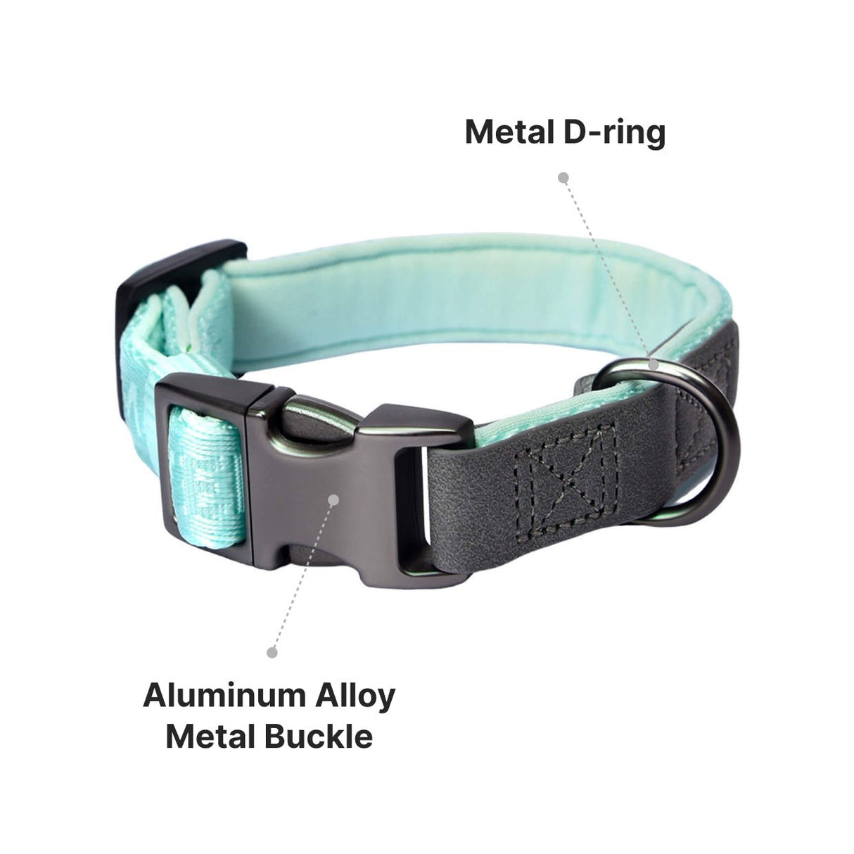 the dog collar comes with metal D ring and Aluminum Alloy metal buck and a adjustable strap