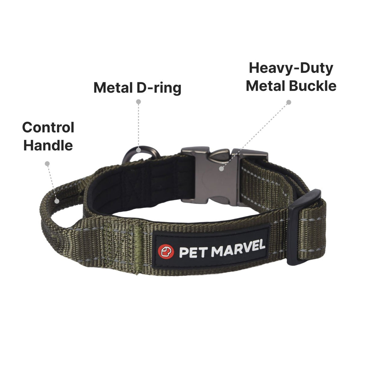 the dog collar comes with metal D ring and Aluminum Alloy metal buck and a adjustable strap