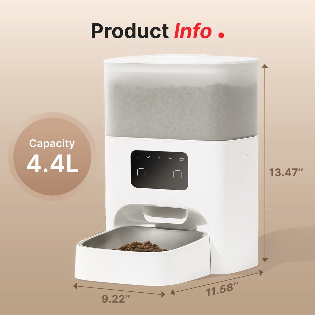 the container has 4.4L capacity and the product's dimension is 9.22*11.58*13.47 inches