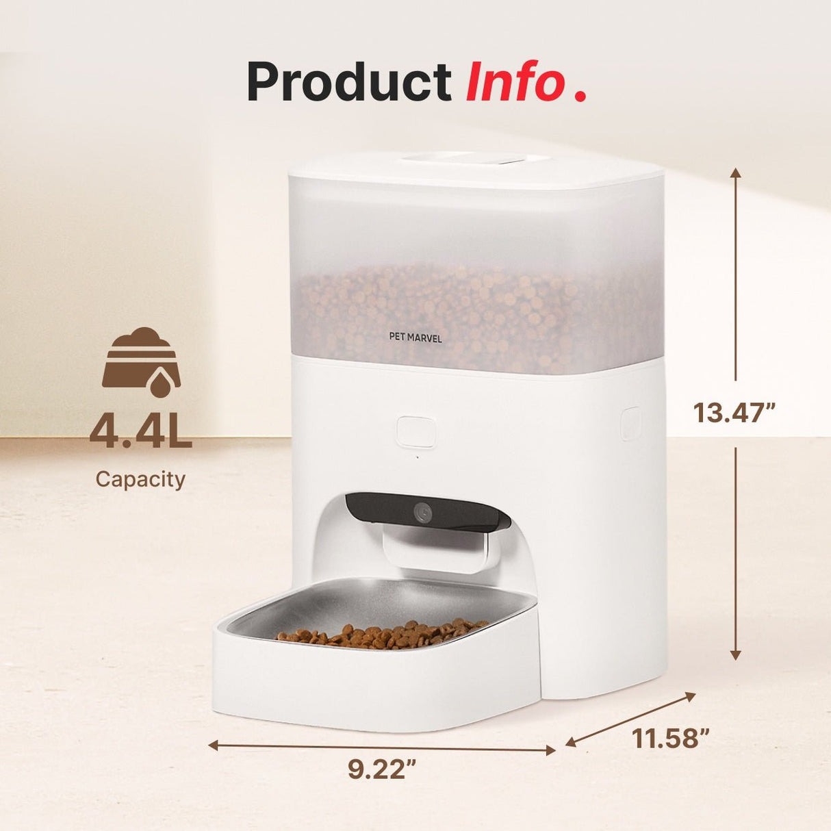 the container has 4.4L capacity and the product's dimension is 9.22*11.58*13.47 inches