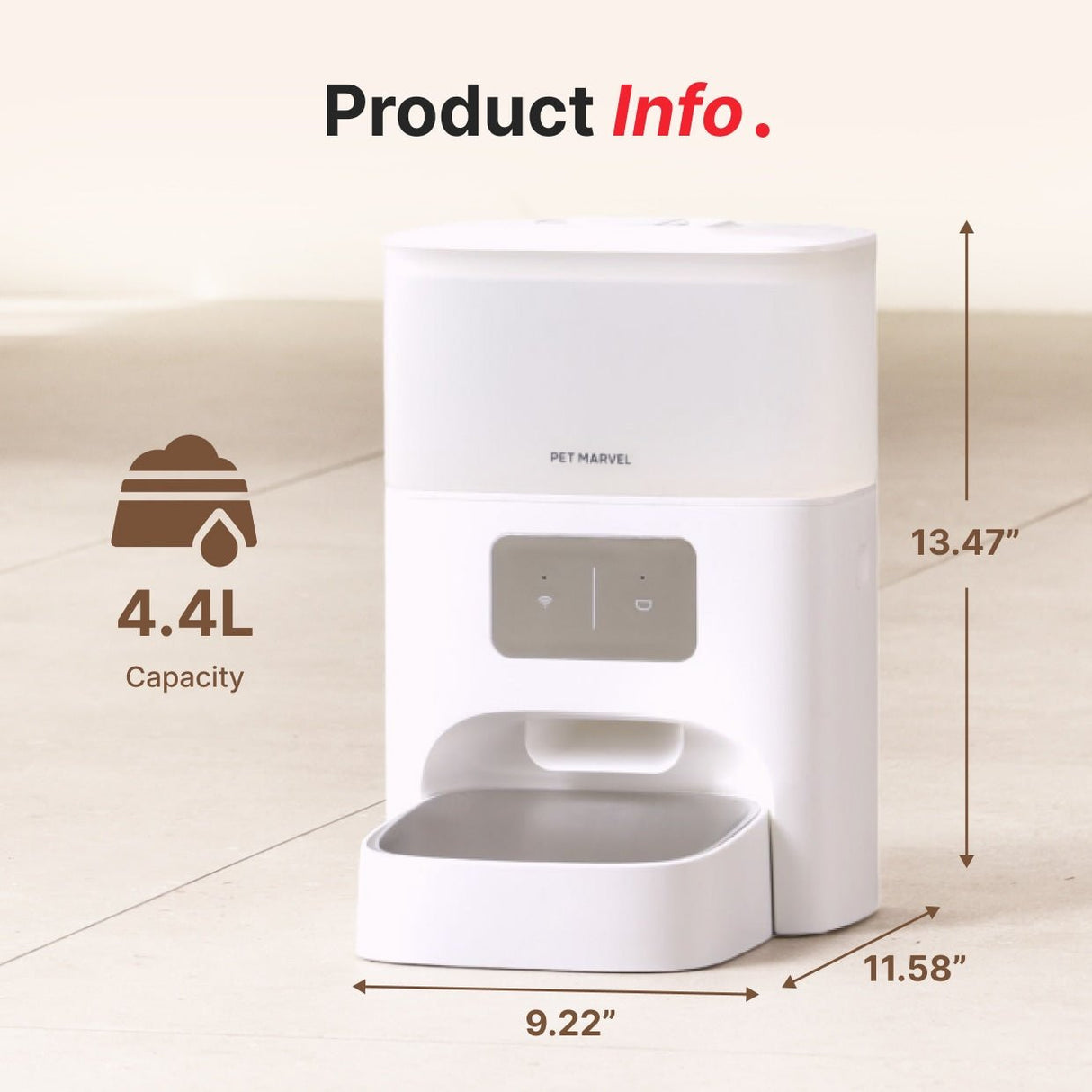 the container has 4.4L capacity and the product's dimension is 9.22*11.58*13.47 inches