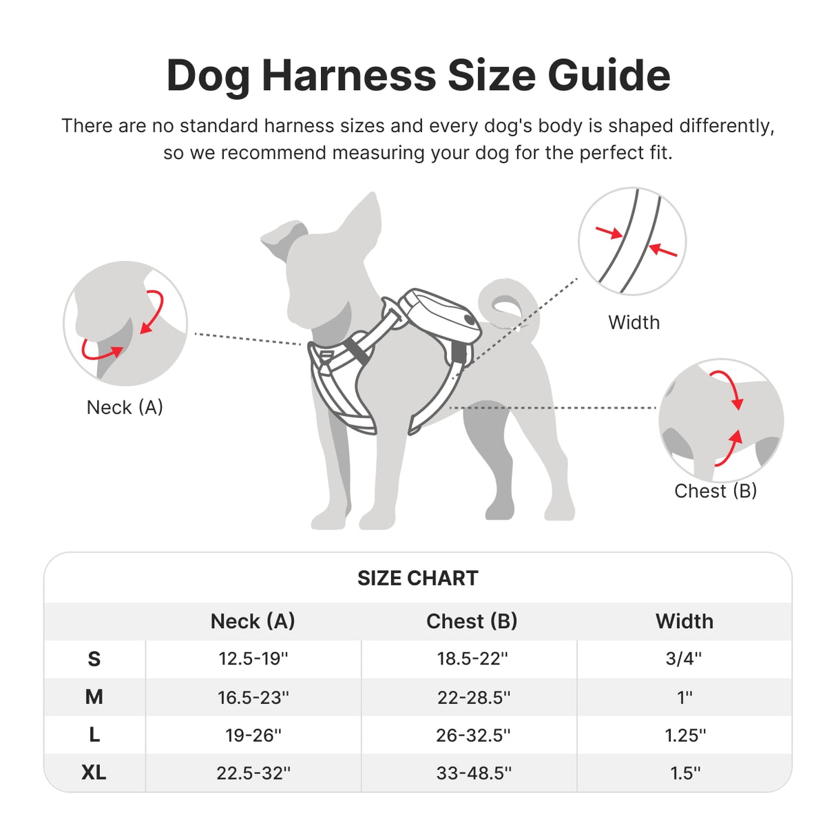 size chart of backpack dog harness