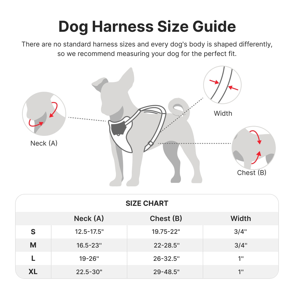 size chart of embroidered dog harness