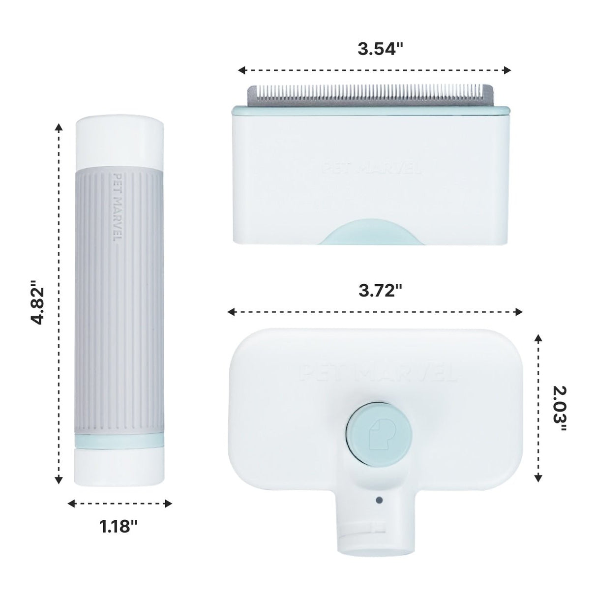 deshedding head is 3.54", slicker head is 3.72'*2.03", the handle is 1.18"*4.82"