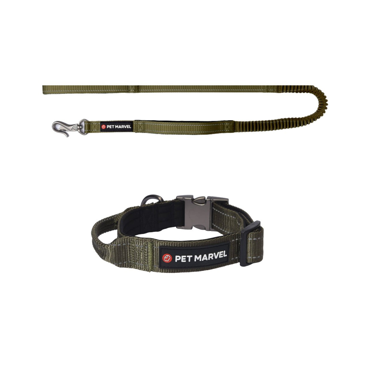 PET MARVEL tactical dog collar and shock absorbing leash set army green