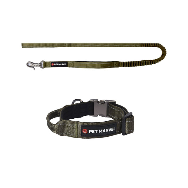 PET MARVEL tactical dog collar and shock absorbing leash set army green