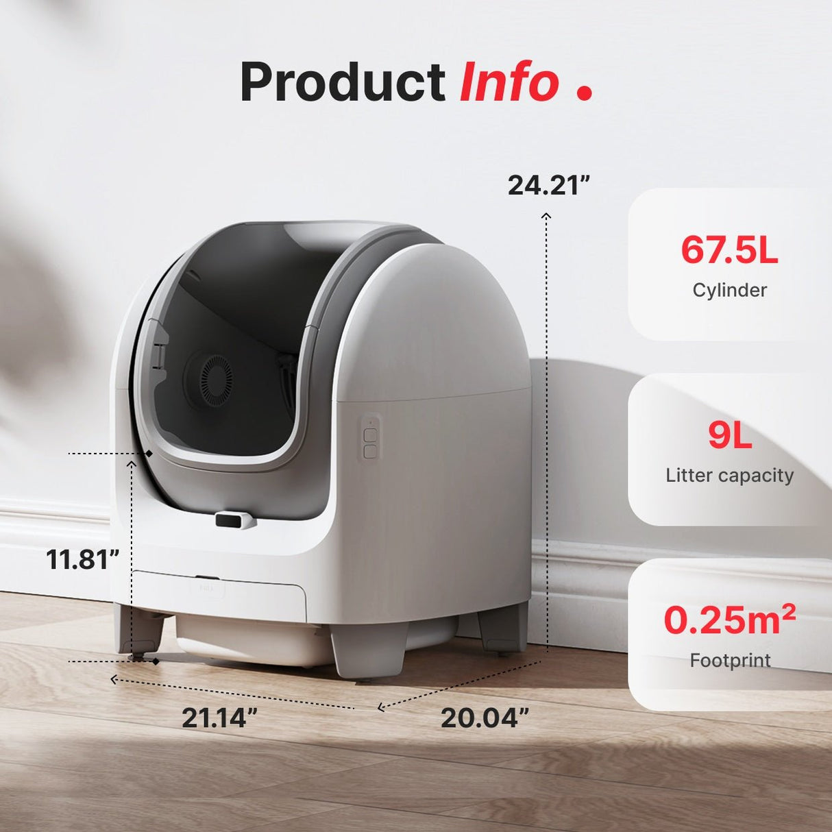 large cat litter box product size information: 67L large space, 9L waste drawer