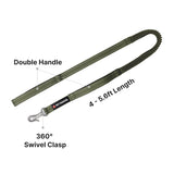 the tacticle dog leash comes with durable handle, 360 degree swivel clasp and 4-5.6 ft length