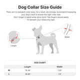 The collar size M has adjustable 15-19" length and 1.25" width, L size has 18-26" length and 1.5" width