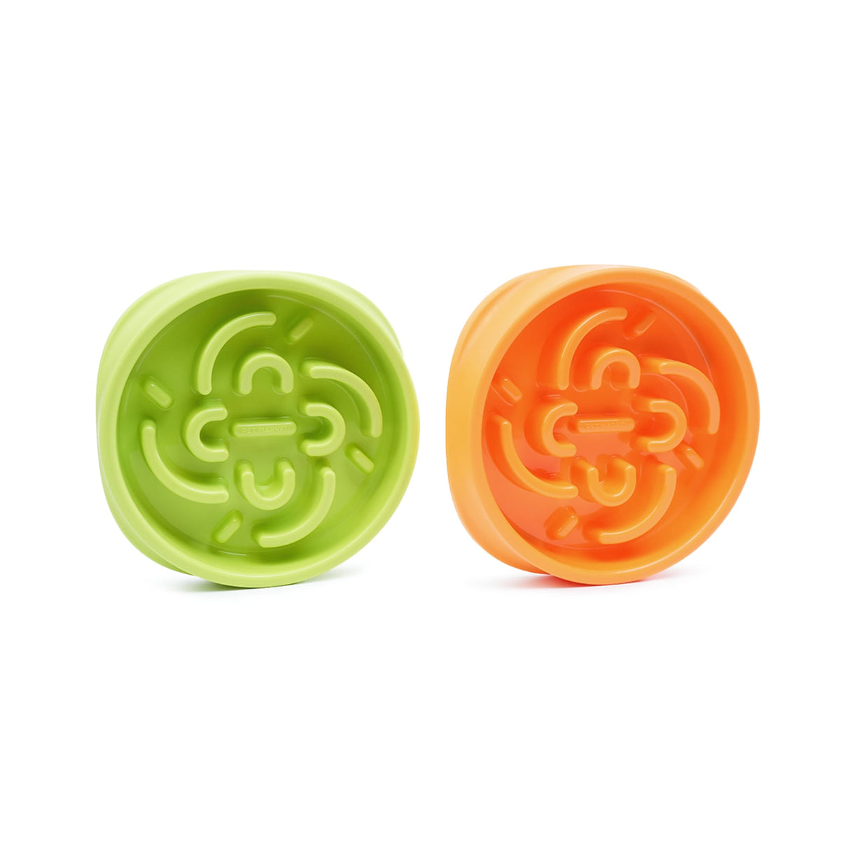 front view of a green and orange slow feeder bowl that give dogs a healthy and enjoyable habit