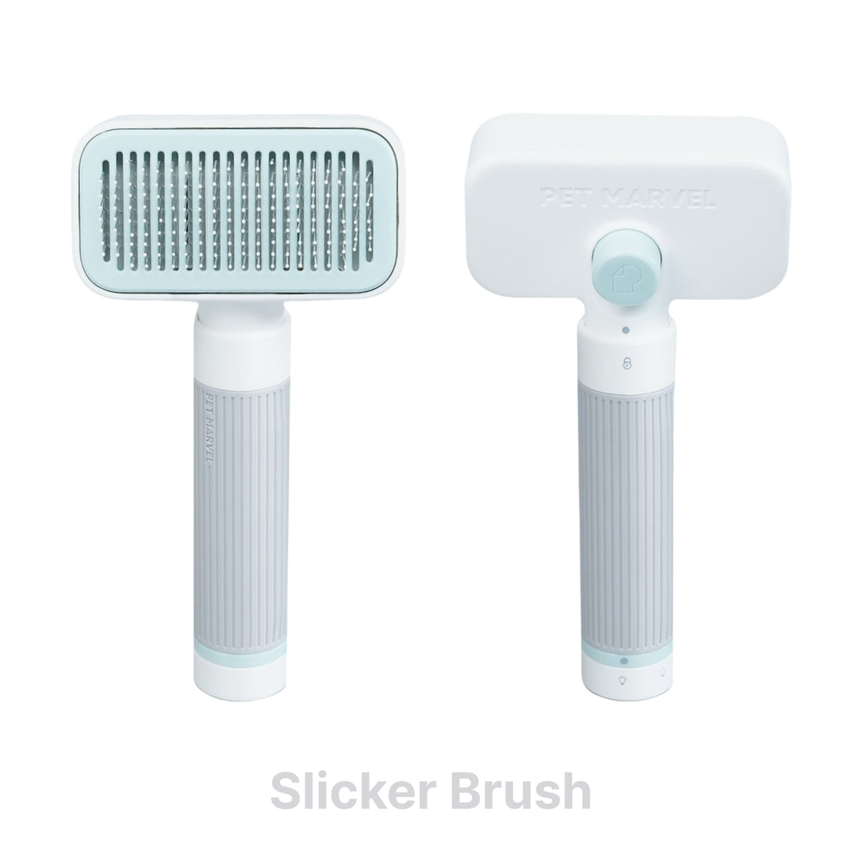 the brush has mint green front and button, white back and grey handle