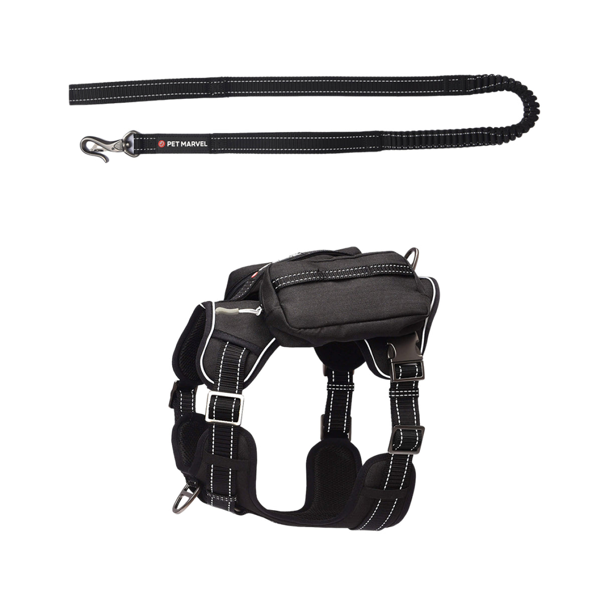 The set comes with a heavy duty tactical dog harness equipped pockets (black) and a shock absorbing dog leash